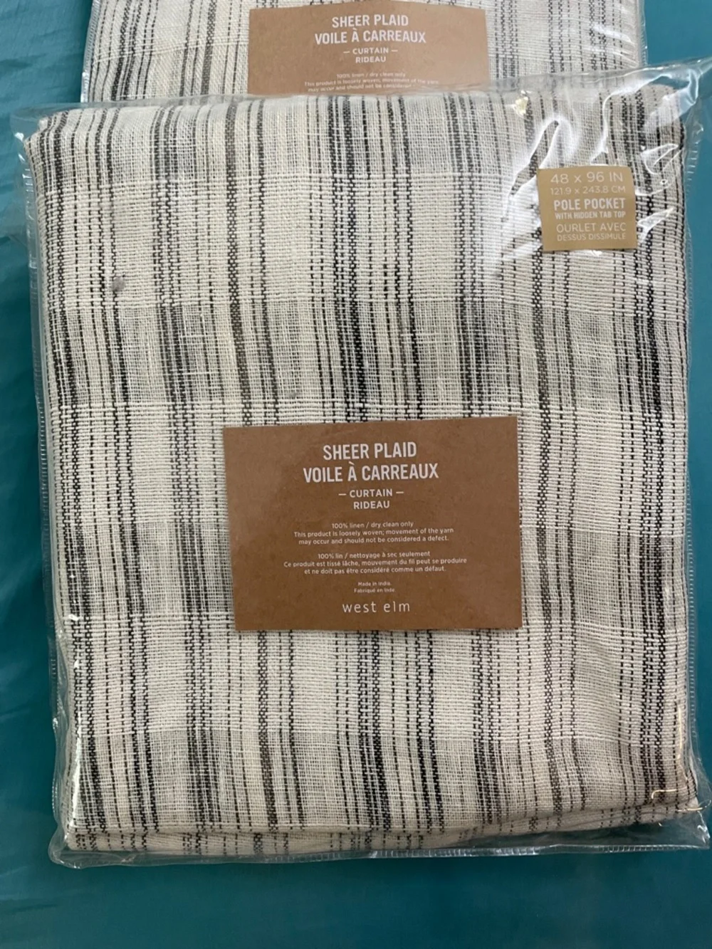 New West Elm Sheer Plaid Curtain Panel in Black and Cream 48” x 96” L 2 panels